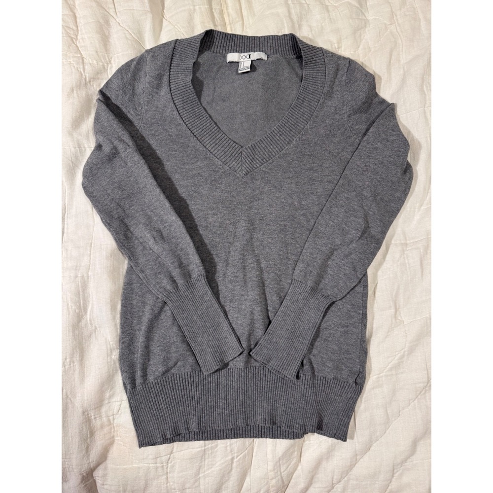 XXI Forever 21 Womens Grey V-Neck Cotton Blend Knit Sweater Size S